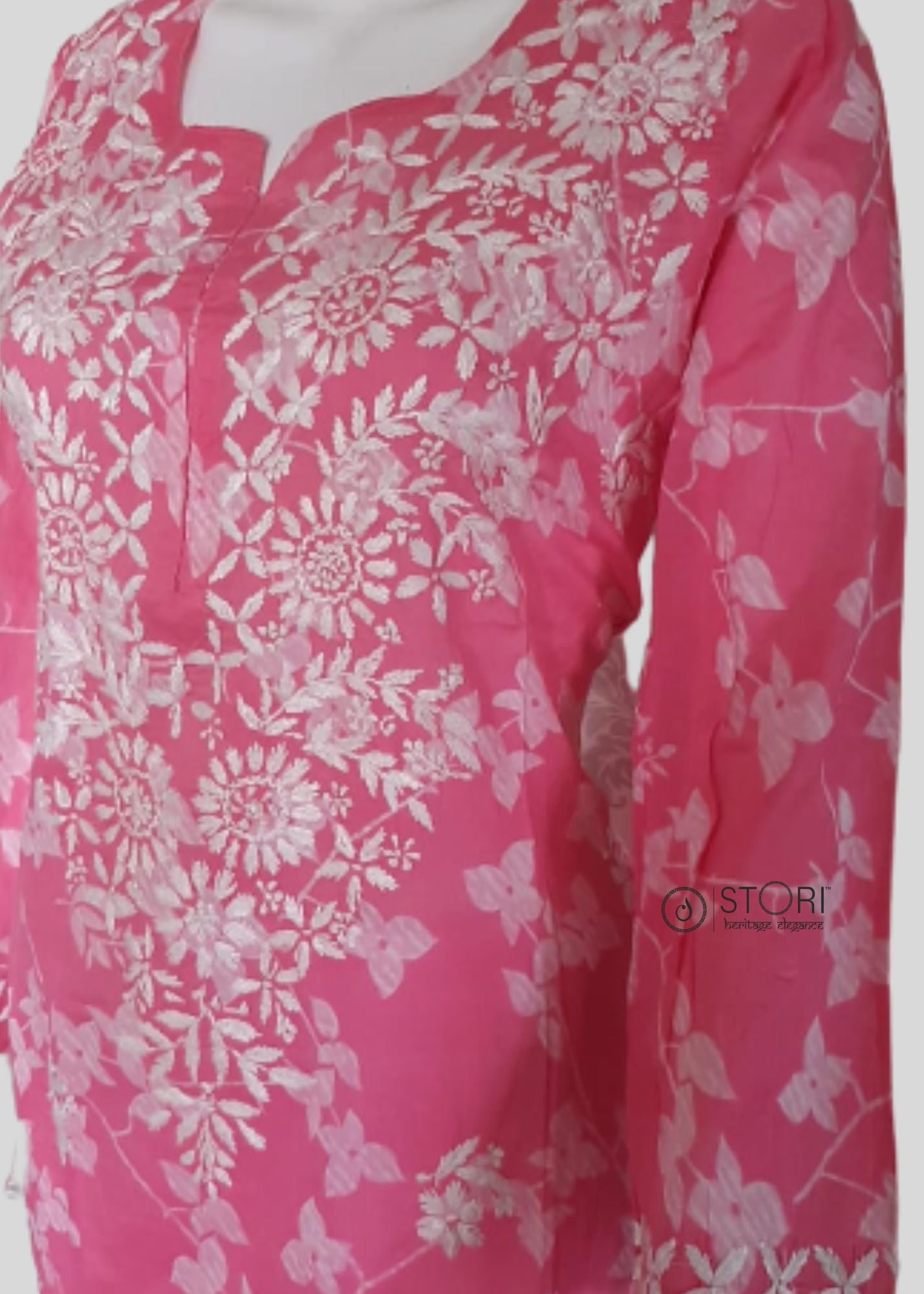 Petals Rose Pink Cotton Mulmul Chikankari Kurti