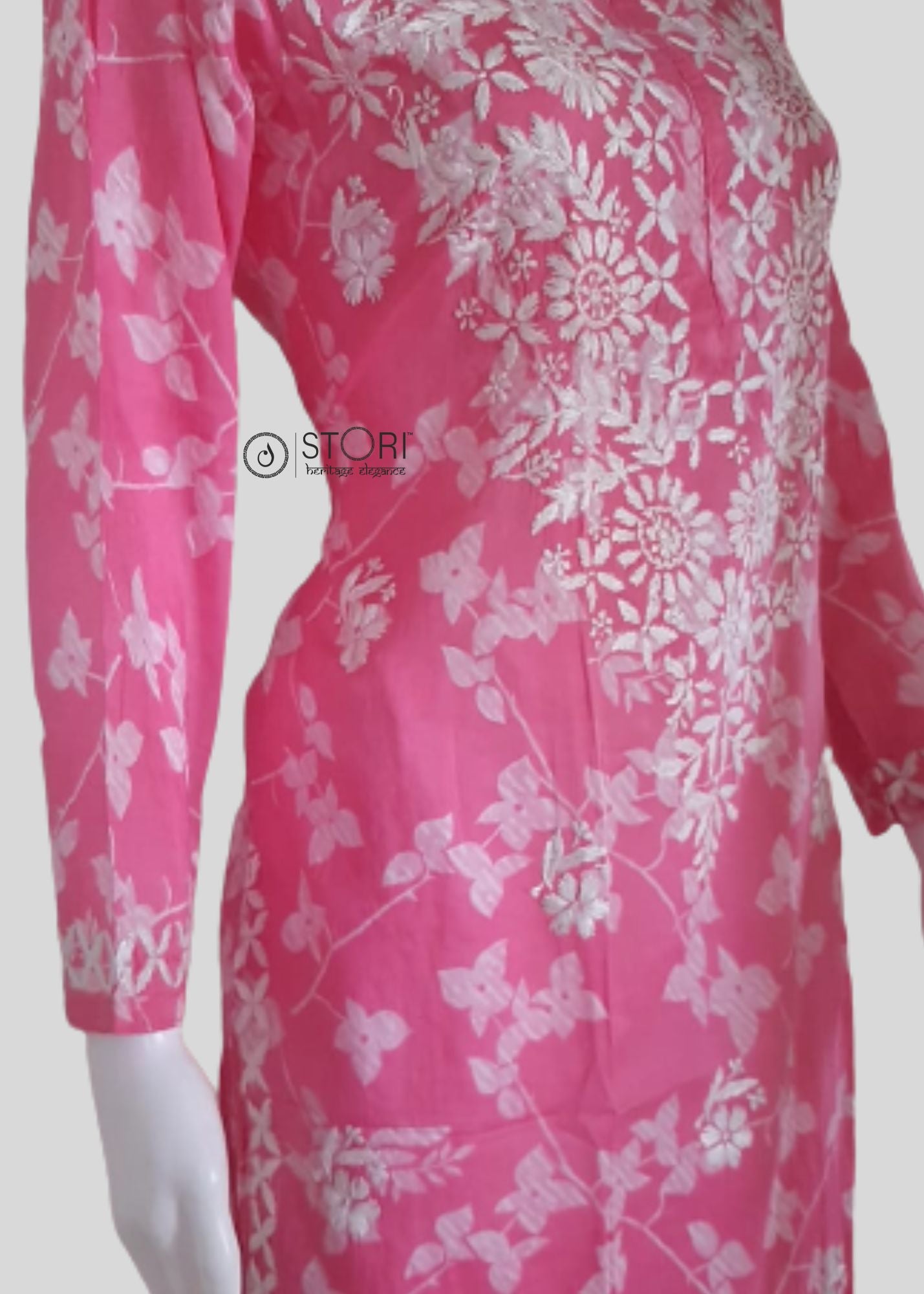 Petals Rose Pink Cotton Mulmul Chikankari Kurti