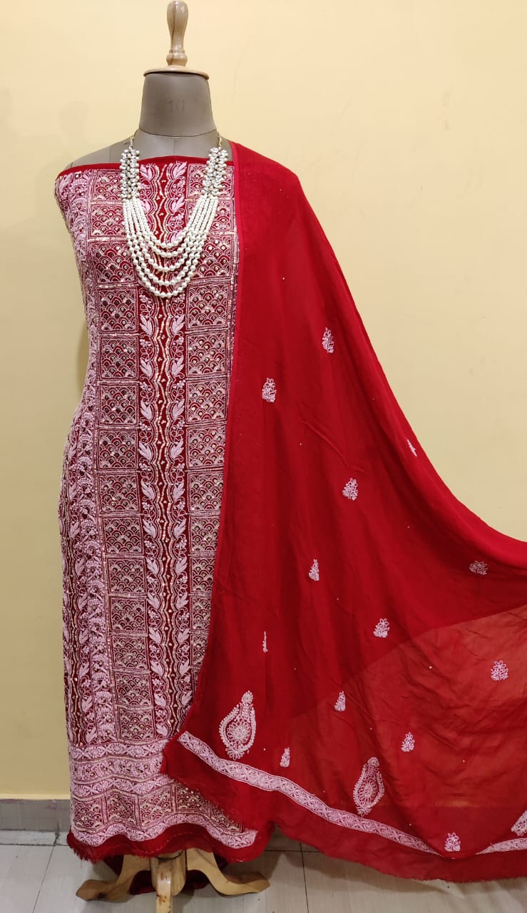 Kimaya Red Unstitched Premium Chikankari 3- Piece Set