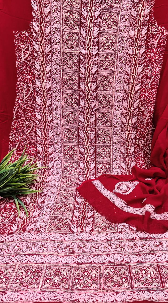 Kimaya Red Unstitched Premium Chikankari 3- Piece Set