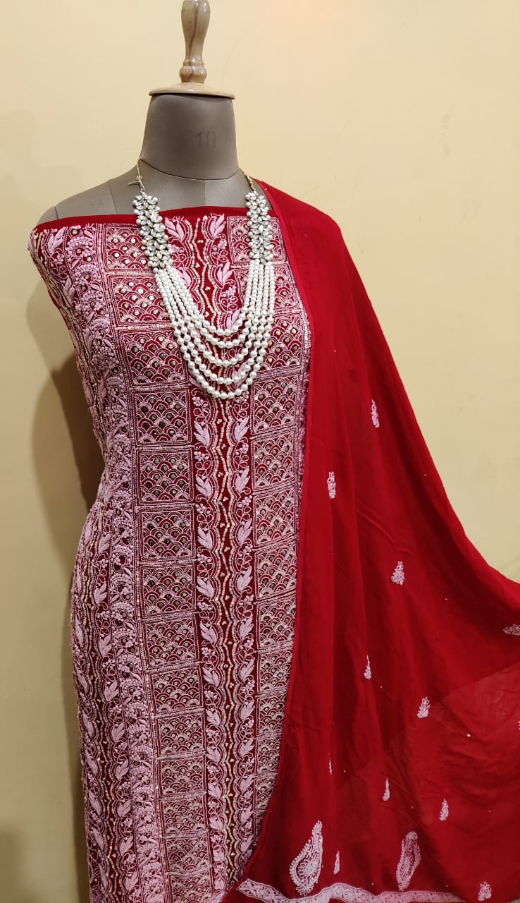 Kimaya Red Unstitched Premium Chikankari 3- Piece Set
