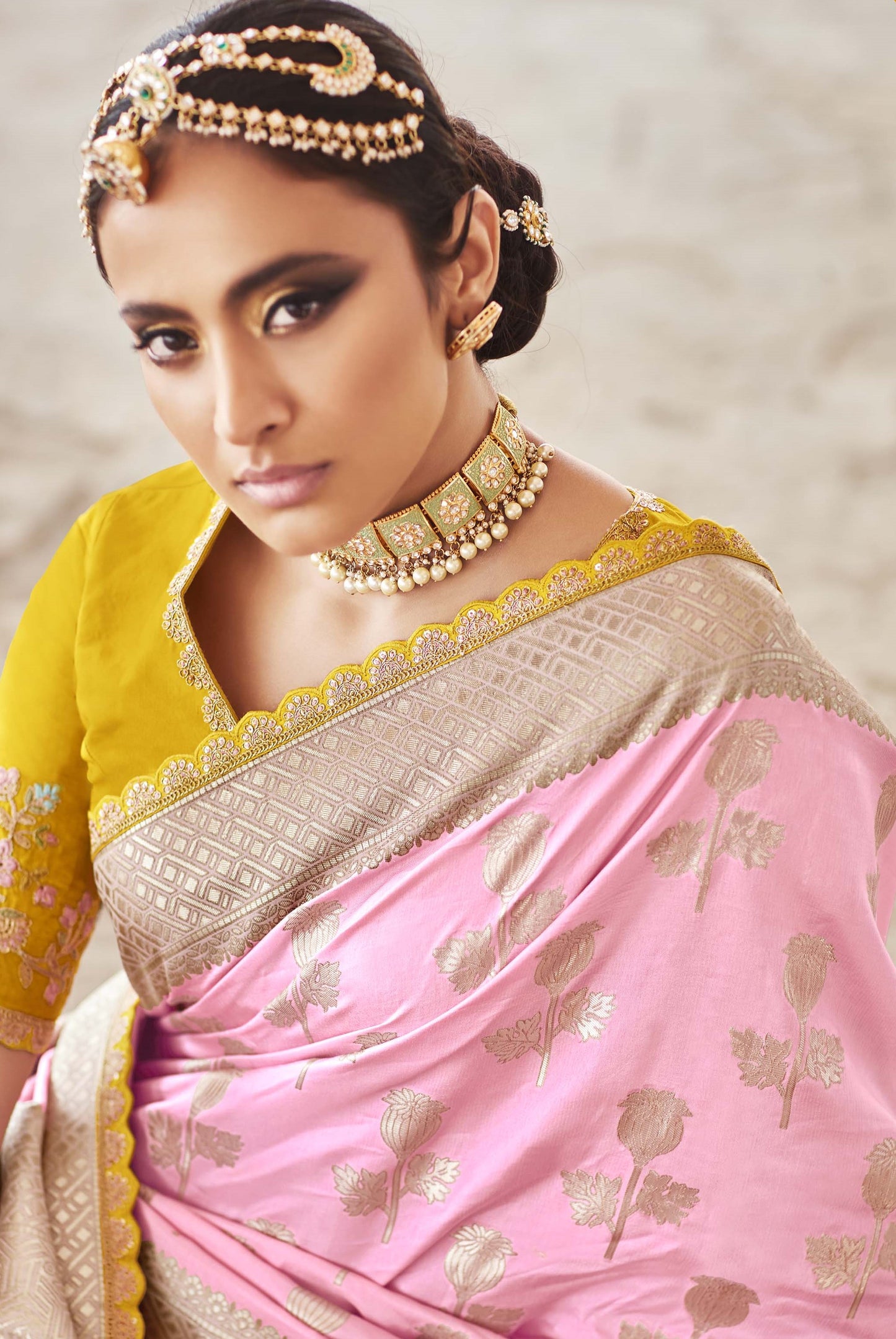 Rose Pink Banarasi Silk Saree With Designer Blouse