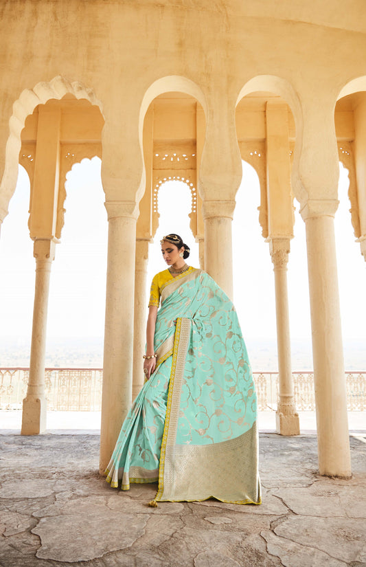 Pastel Turquoise Banarasi Silk Saree With Designer Blouse