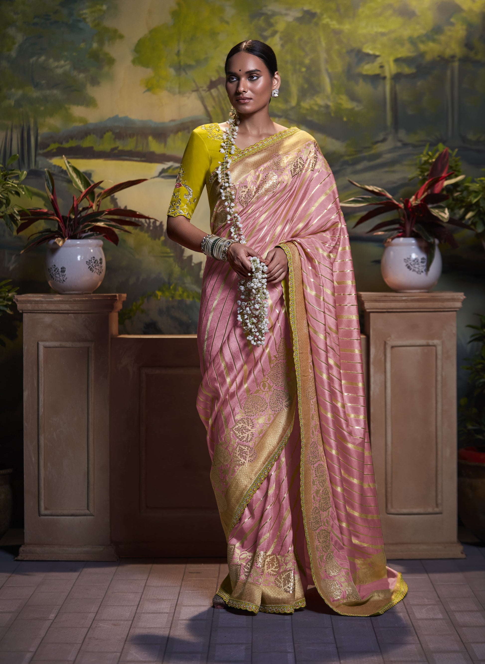 Blush Pink Zari Stripes Banarasi Silk Saree With Designer Blouse – STORI