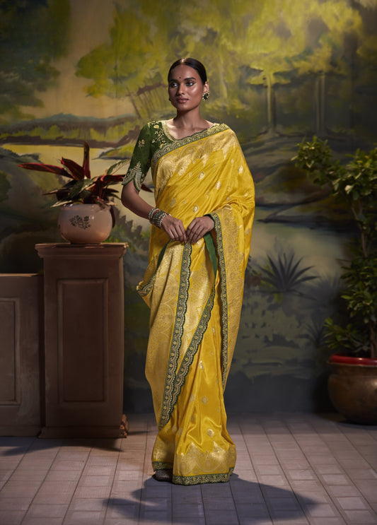 Mustard Yellow Banarasi Silk Saree With Designer Blouse