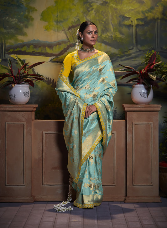 Sky Blue Banarasi Silk Saree With Designer Blouse