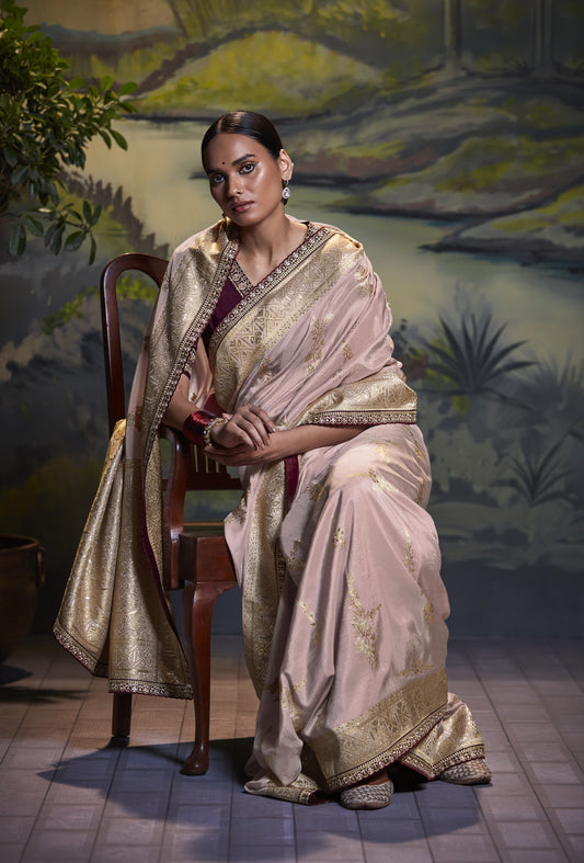 Light Lavendar Banarasi Silk Saree With Designer Blouse