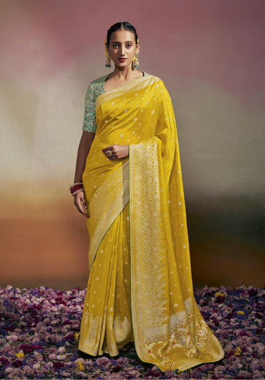 Daffodil Yellow Viscose Silk Saree With Designer Blouse