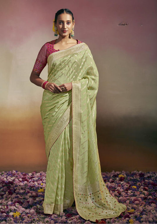 Pista Green Viscose Silk Saree With Designer Blouse