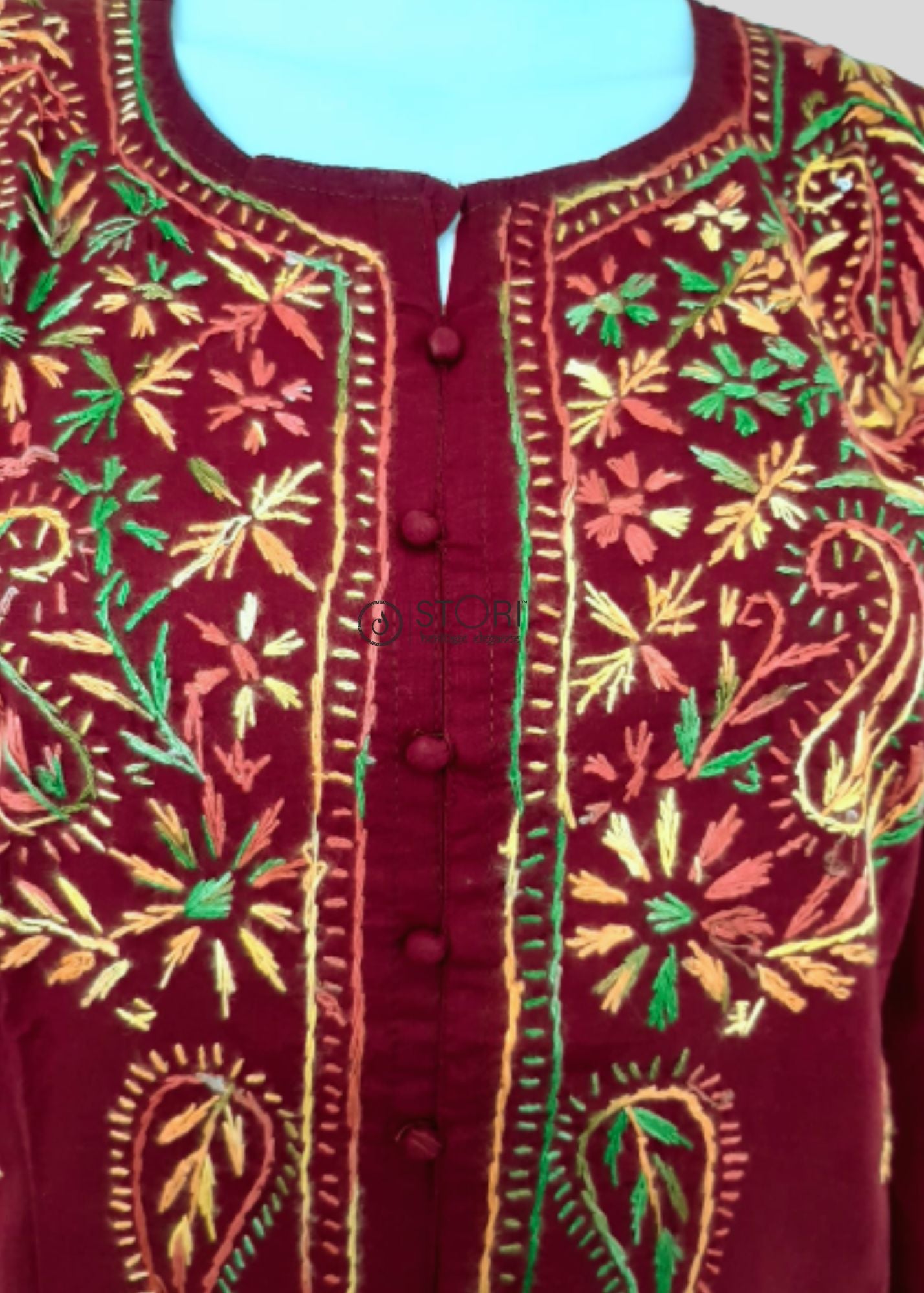 Maroon Pure Cotton Front Open Multithread Chikankari Kurti