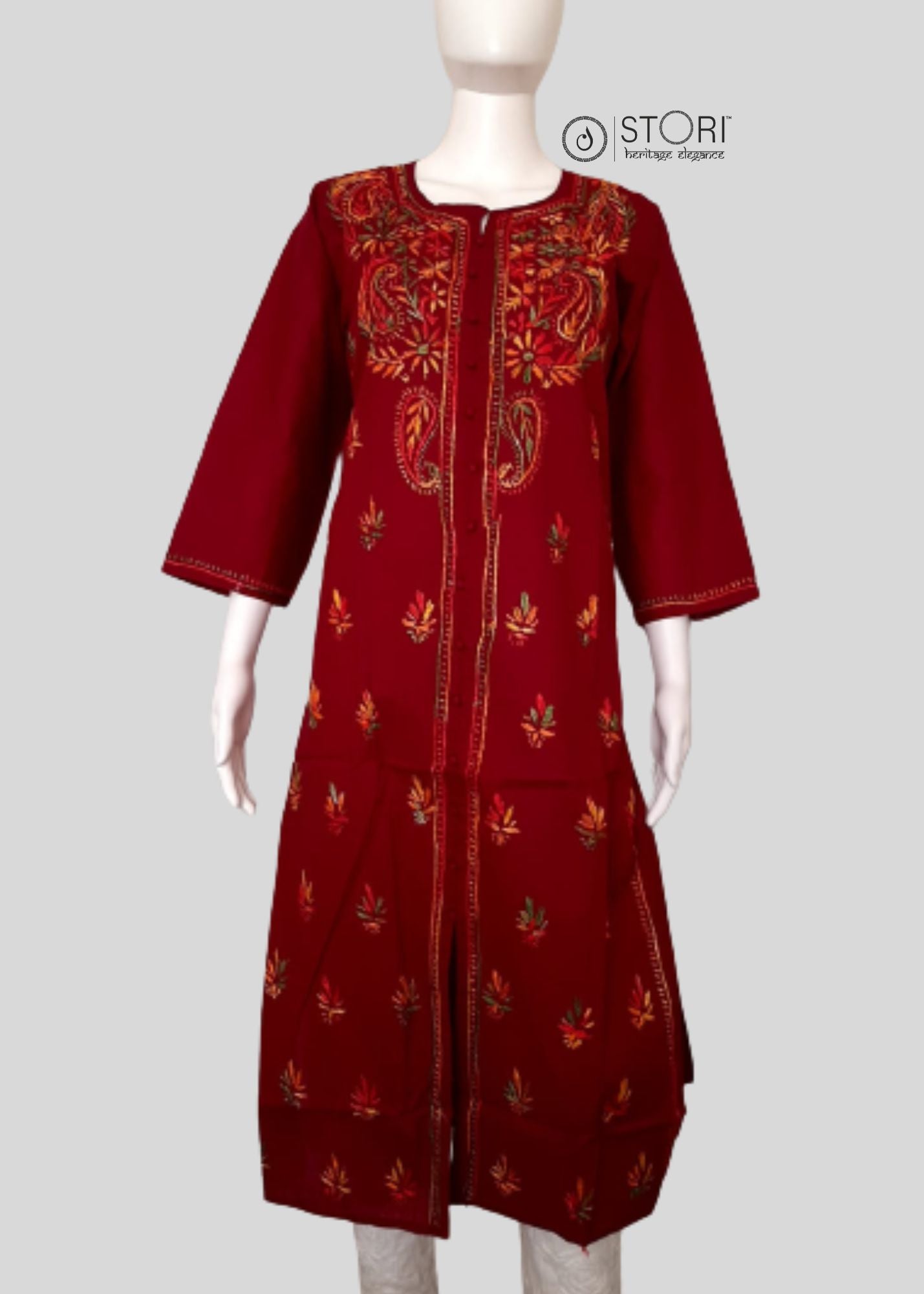 Maroon Pure Cotton Front Open Multithread Chikankari Kurti