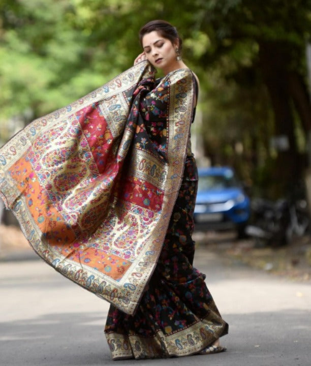 SONALEE Kulkarni in Midnight Black Kashmiri Handloom Silk Saree