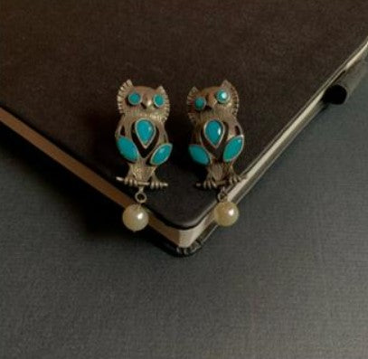 Strigi Owl Oxidized German Silver Statement Earrings