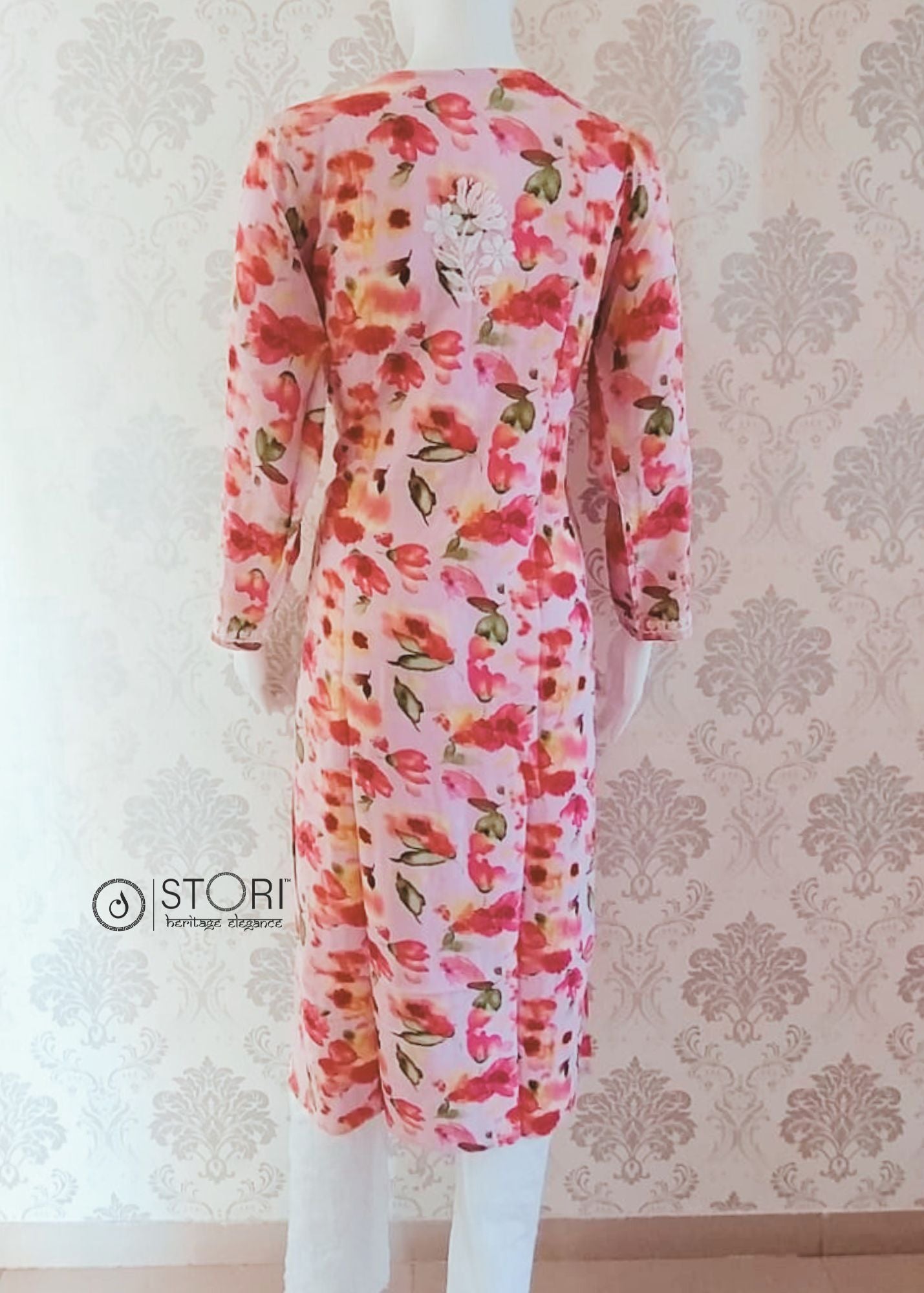 Light Purple Floral Printed Soft Rayon Chikankari Kurti
