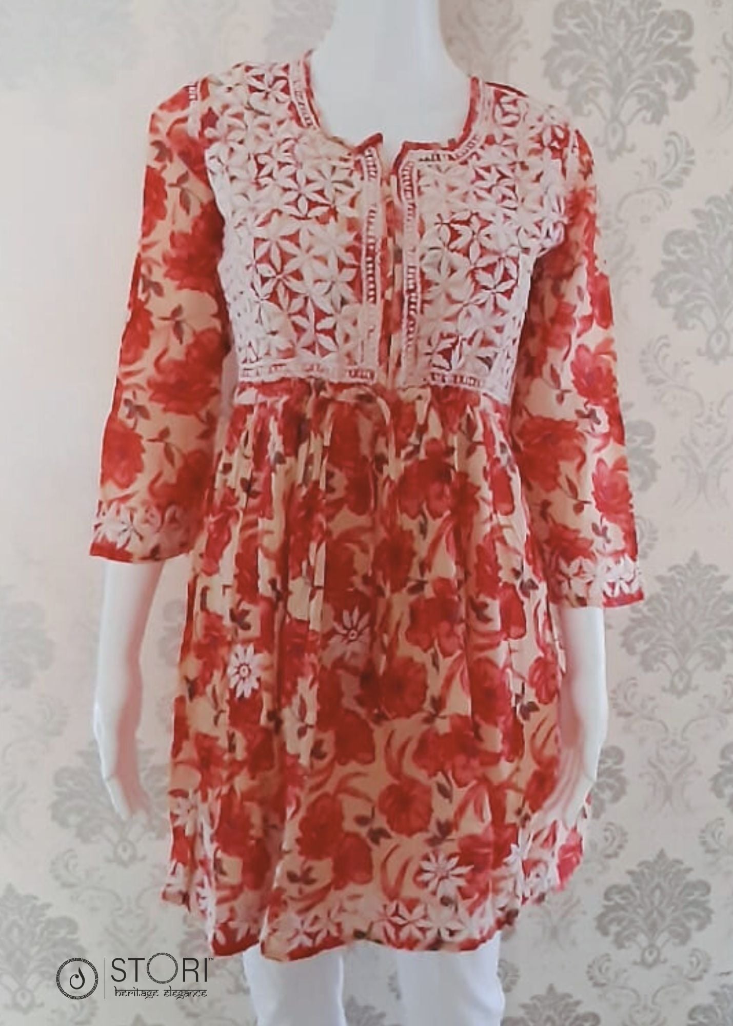 Floral Printed Tomato Red Cotton Chikankari Short Kurti with Dori