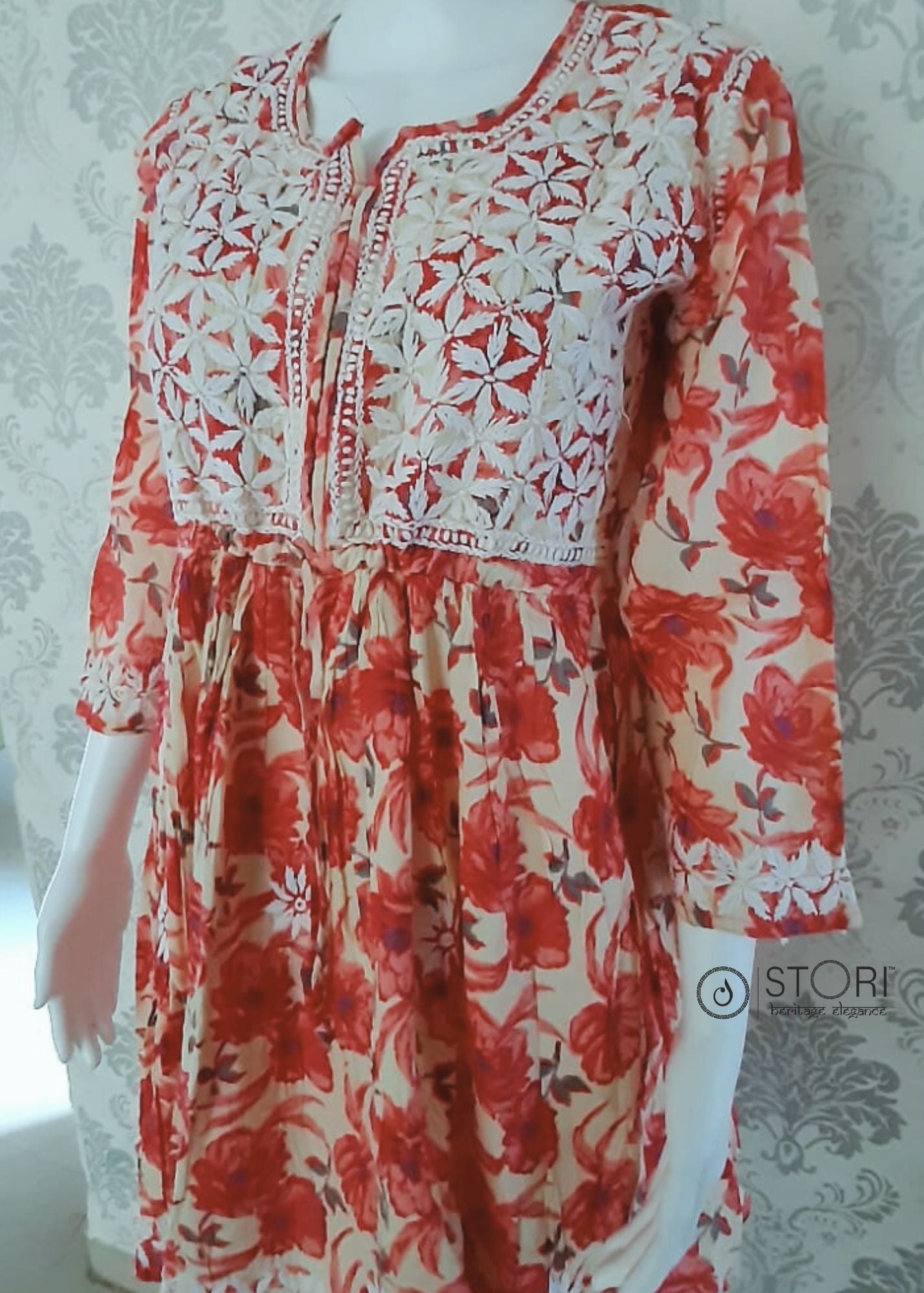 Floral Printed Tomato Red Cotton Chikankari Short Kurti with Dori