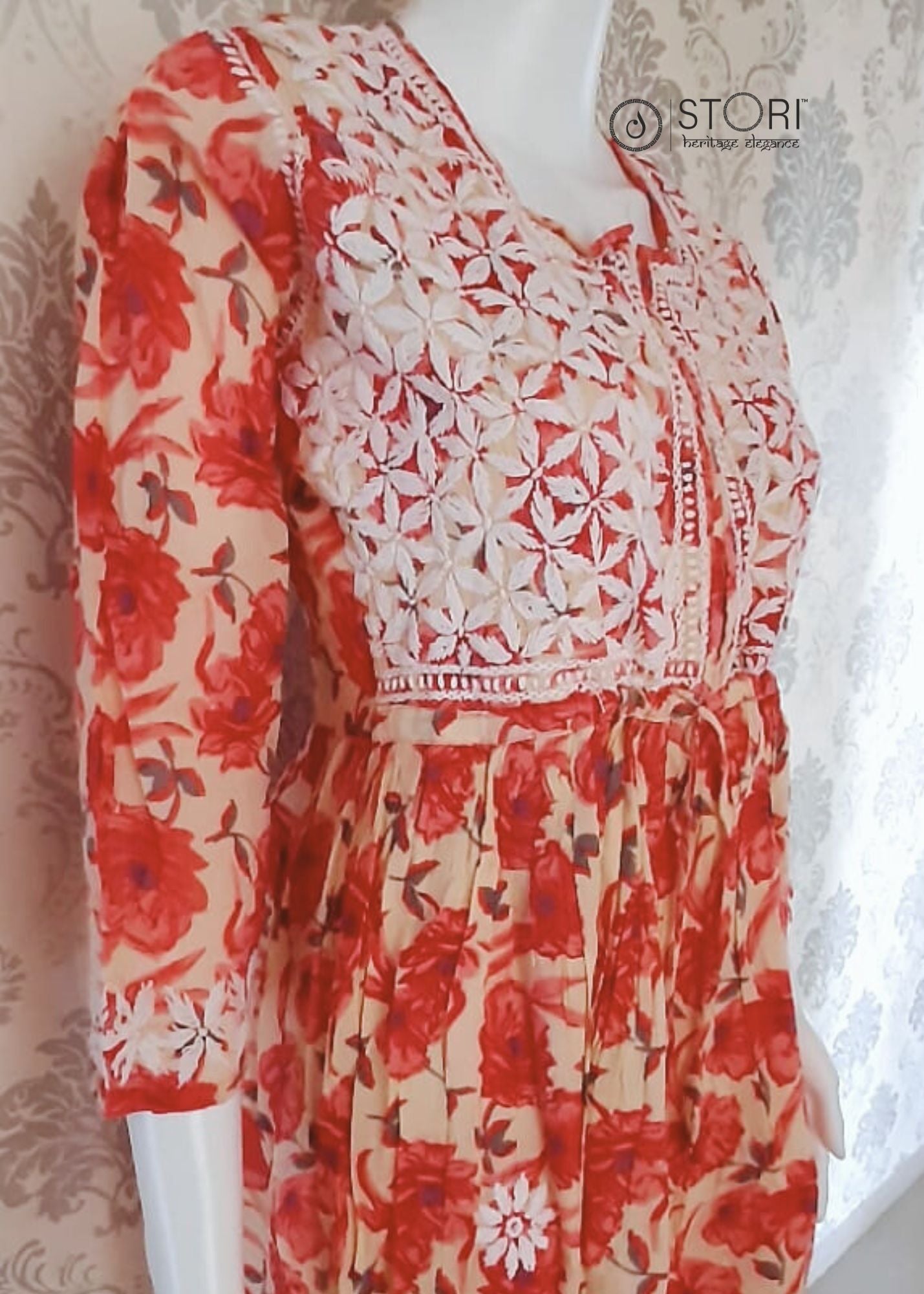 Floral Printed Tomato Red Cotton Chikankari Short Kurti with Dori