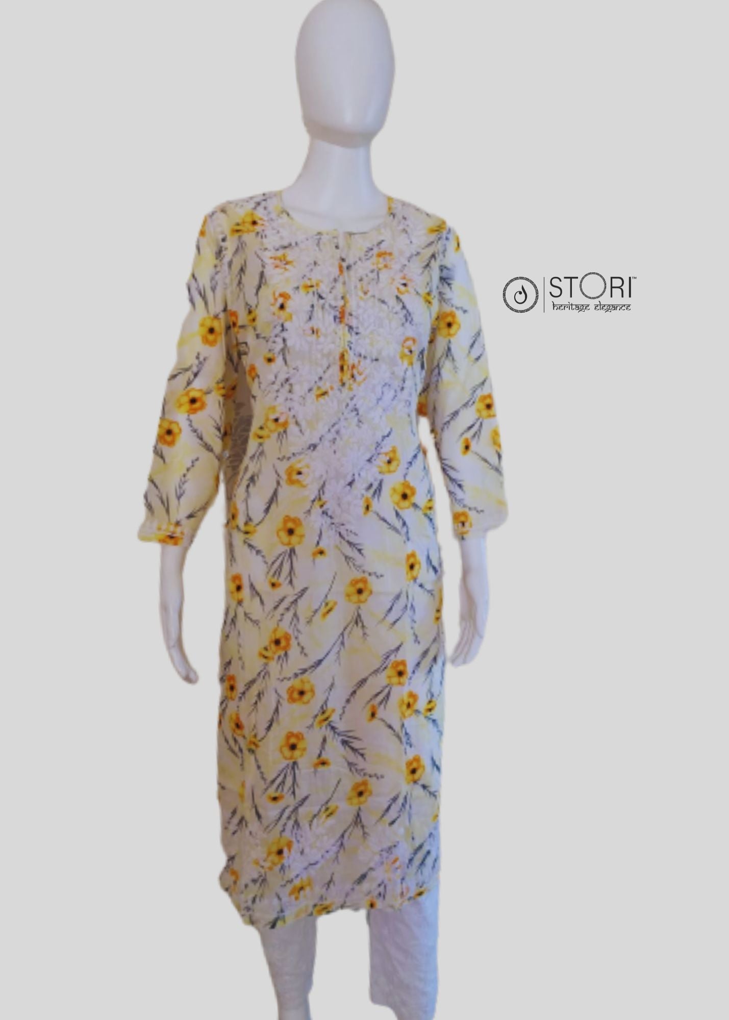 Floral Pale Yellow Cotton Mulmul Chikankari Kurti