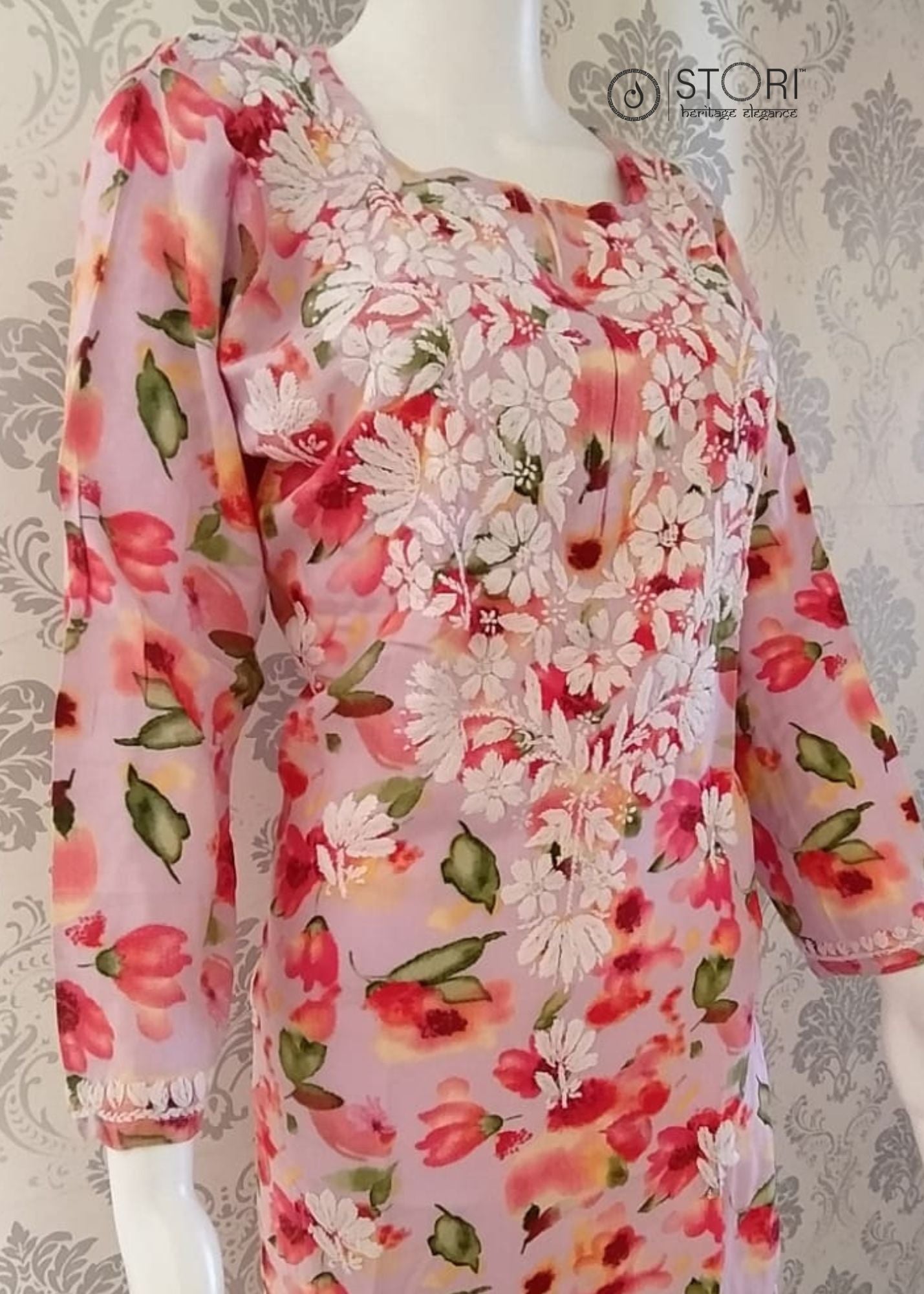 Light Purple Floral Printed Soft Rayon Chikankari Kurti