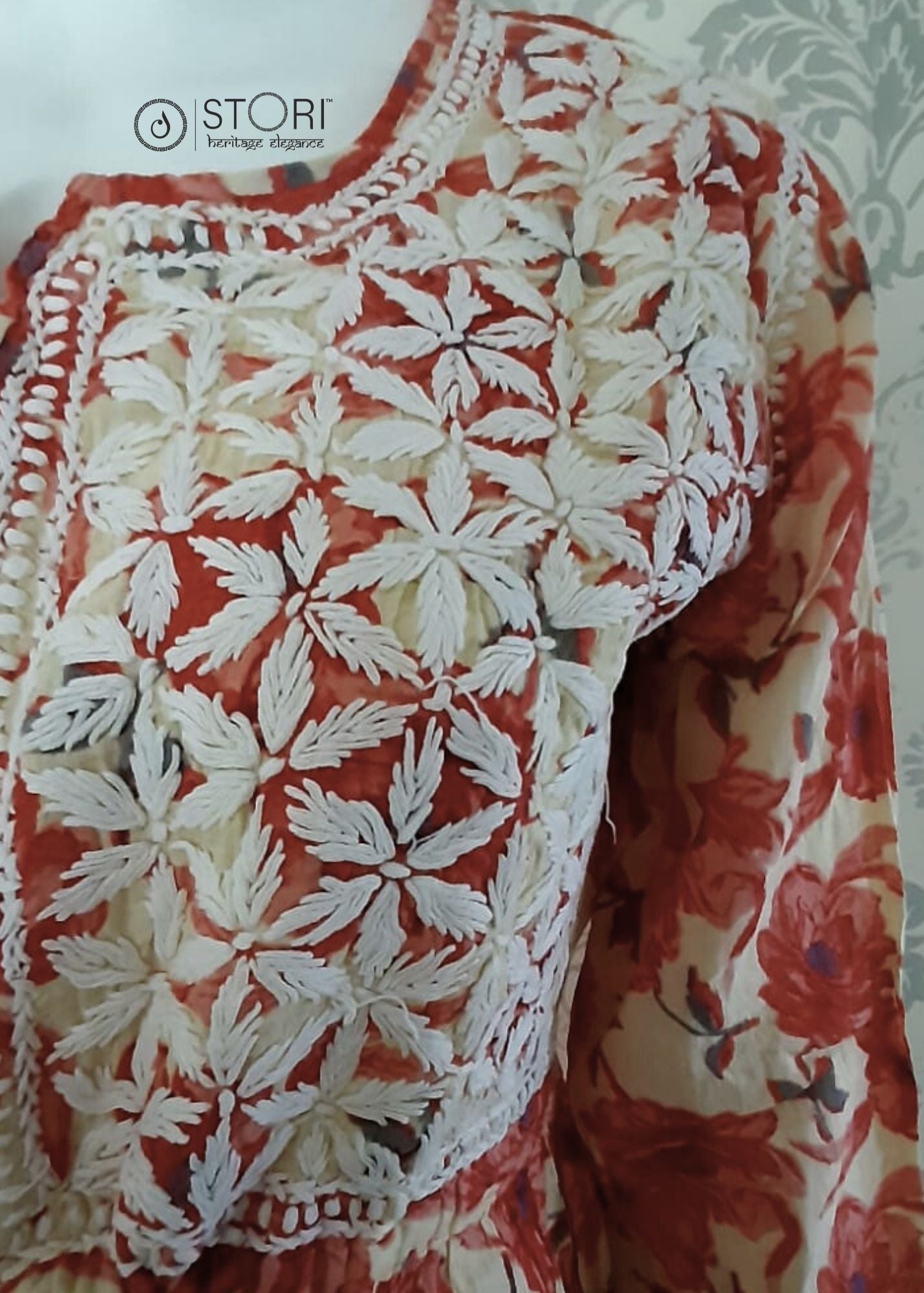 Floral Printed Tomato Red Cotton Chikankari Short Kurti with Dori