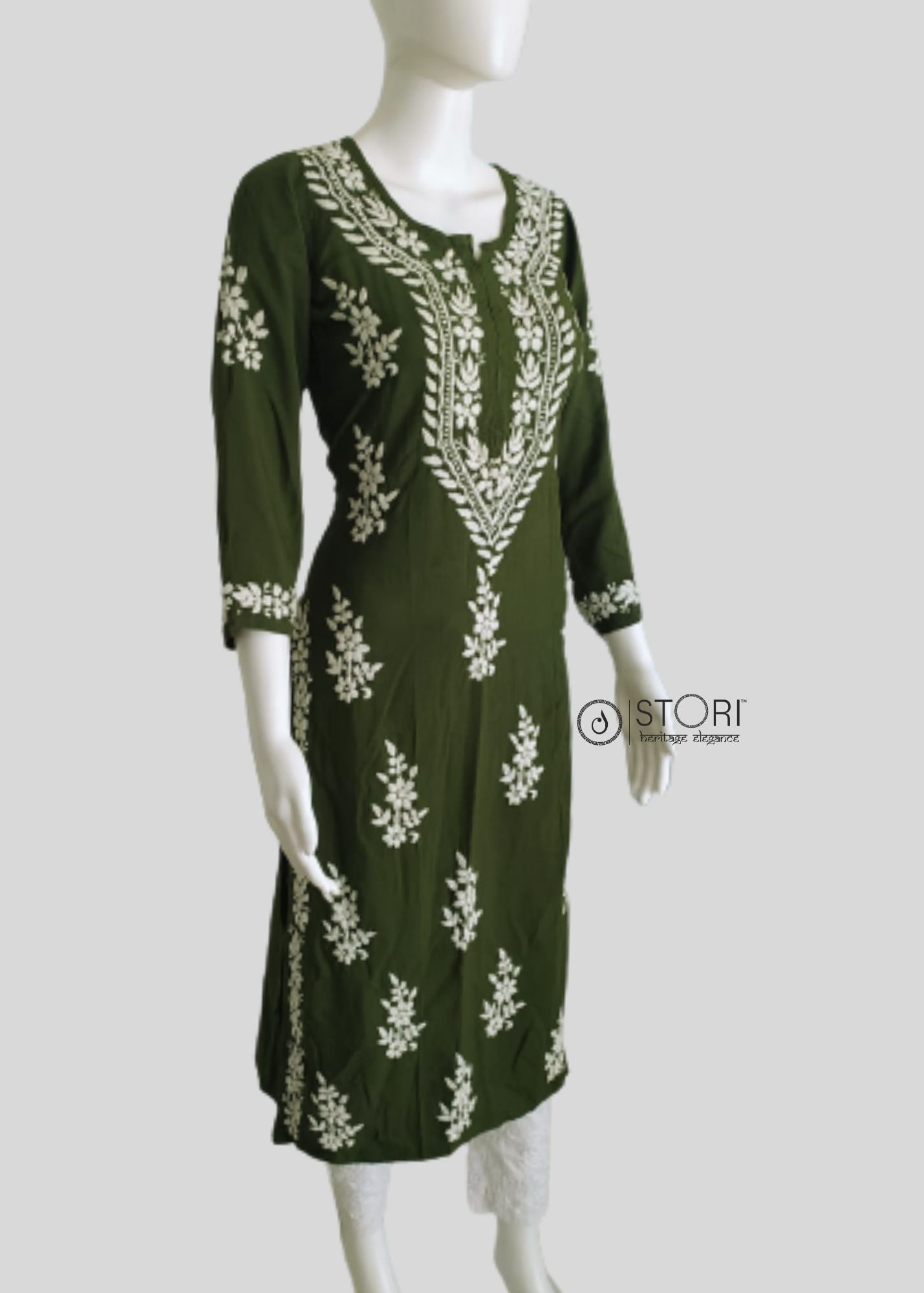 Mehandi Green Soft Rayon Handcrafted Chikankari Kurti