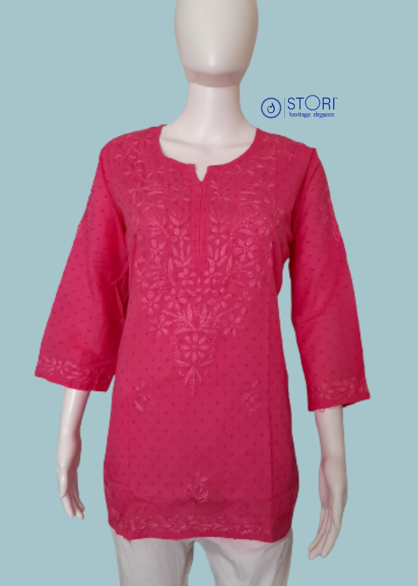 Rose Pink Dobby Cotton Short Chikankari Kurti