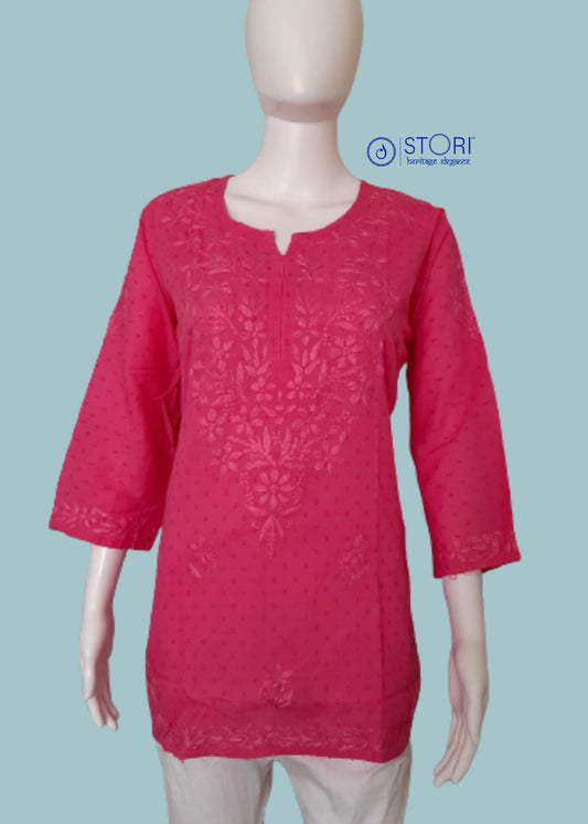 Rose Pink Dobby Cotton Short Chikankari Kurti