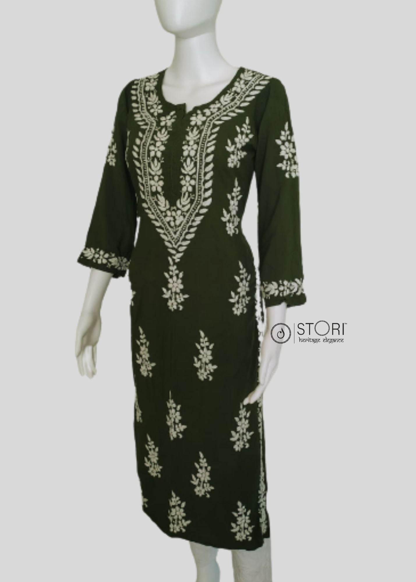 Mehandi Green Soft Rayon Handcrafted Chikankari Kurti