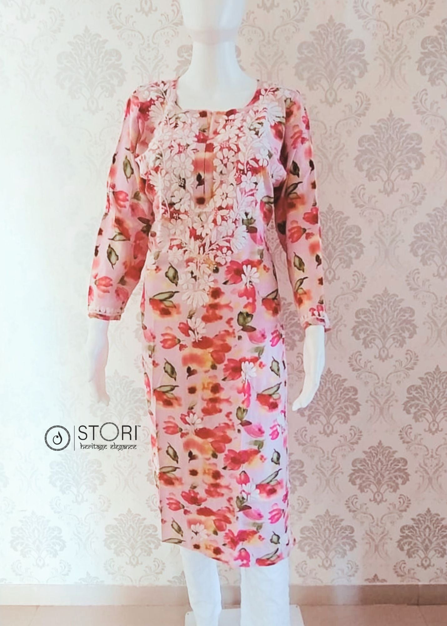 Light Purple Floral Printed Soft Rayon Chikankari Kurti