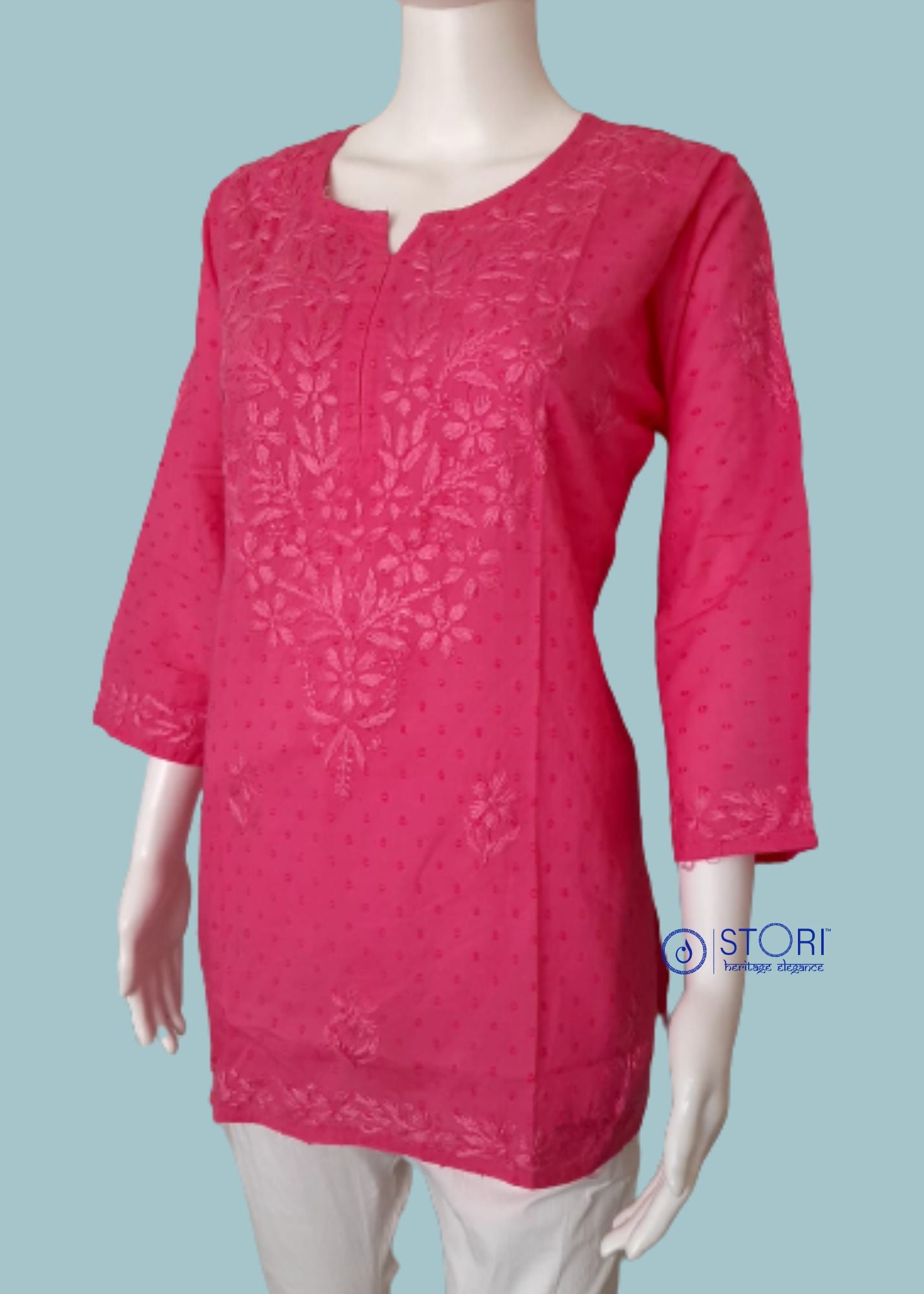 Rose Pink Dobby Cotton Short Chikankari Kurti
