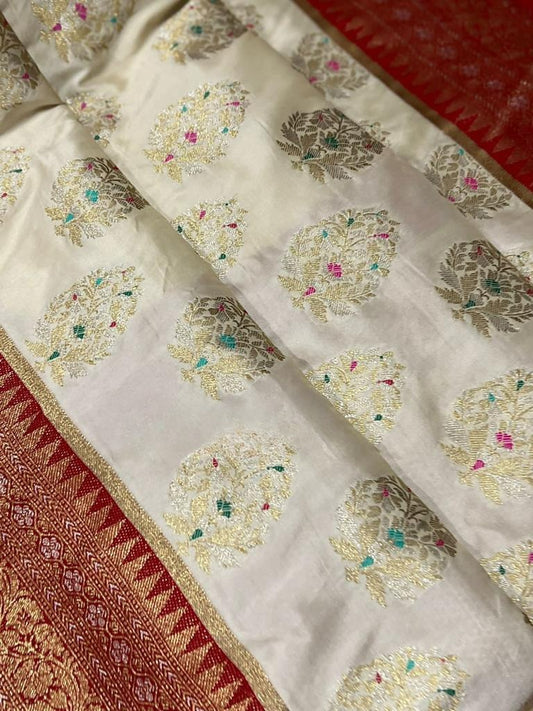 Cream White Pure Banarasi Silk Saree