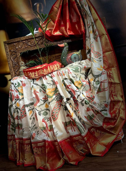 Pearl White Patan Patola Pure Silk Saree - Limited Edition!