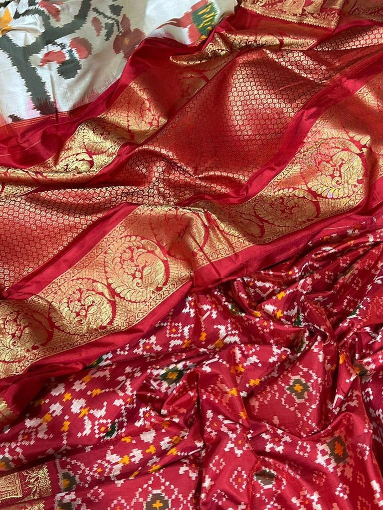 Pearl White Patan Patola Pure Silk Saree - Limited Edition!