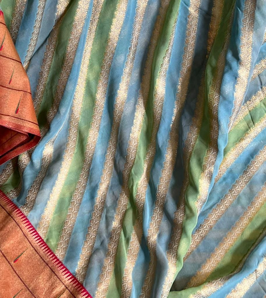 Pastel Green & Blue Banarasi Khaddi Georgette Pure Silk Saree