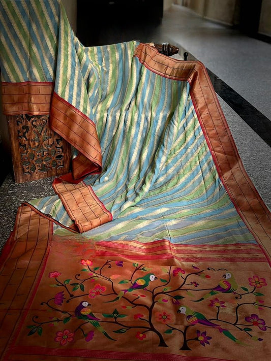 Pastel Green & Blue Banarasi Khaddi Georgette Pure Silk Saree