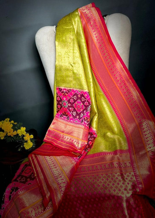 Bright Olive Green Pure Banarasi Katan Silk Patan Patola Saree