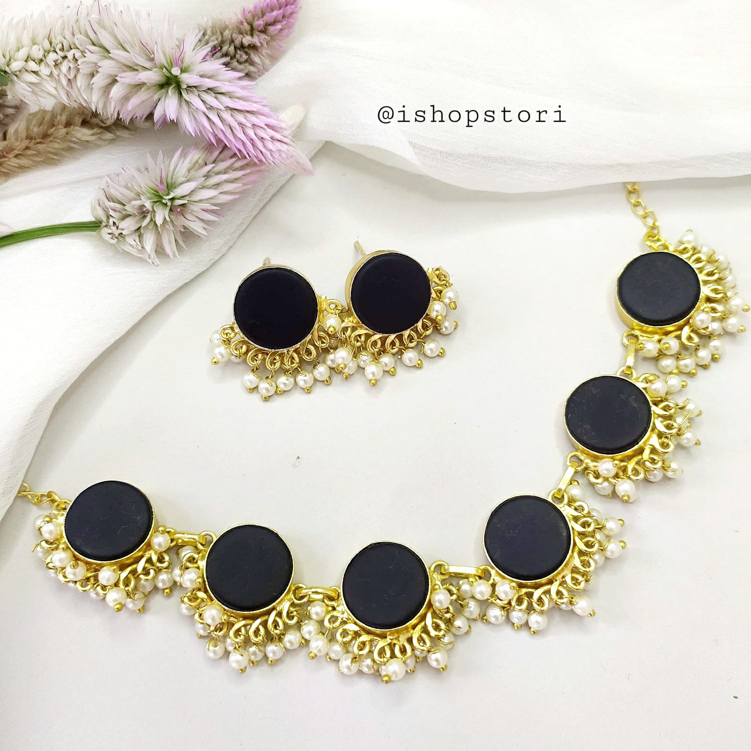 Nandini Single Color Half Raw Stones Pearls Necklace Set