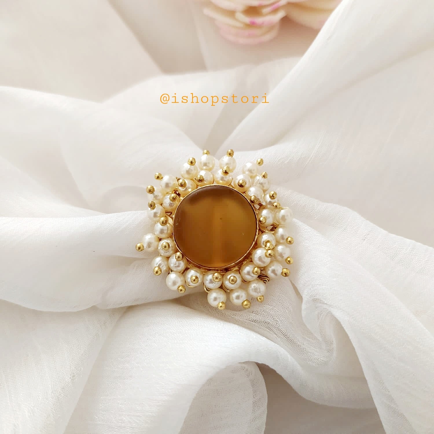 Nandini Pearl Halo Raw Stone Finger Ring