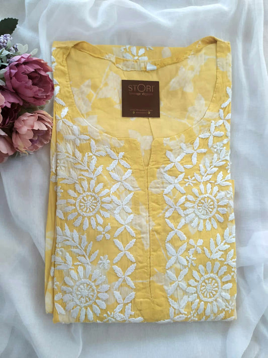 Petals Mango Yellow Cotton Mulmul Chikankari Kurti