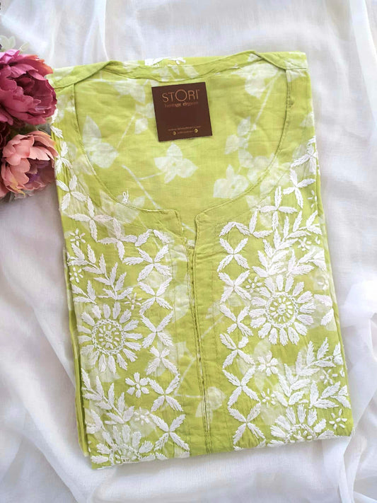 Petals Lime Green Cotton Mulmul Chikankari Kurti