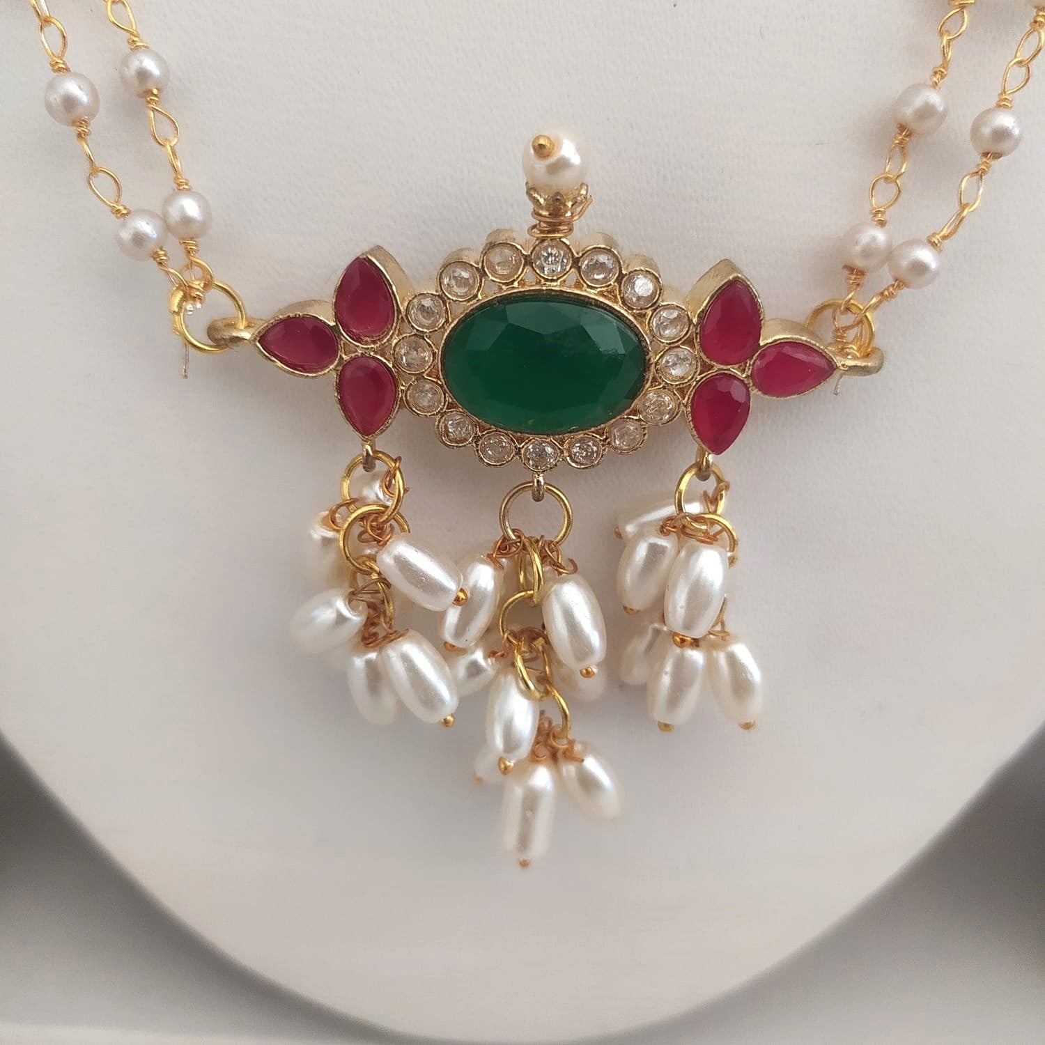 Harini Red & Green Two Strings Pearl Necklace Set front view.