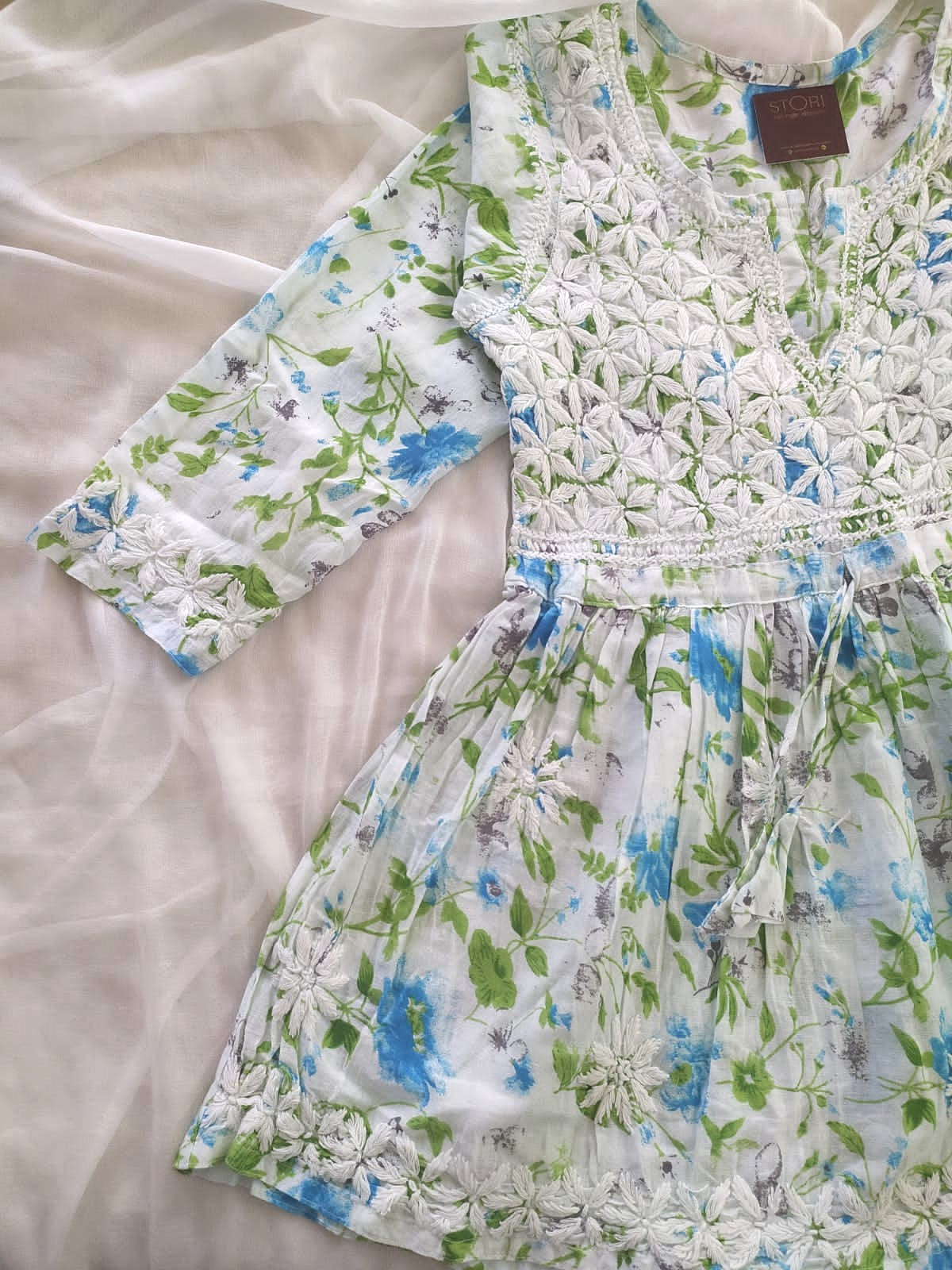 Floral Printed Cotton Mulmul Chikankari Short Kurti with Dori
