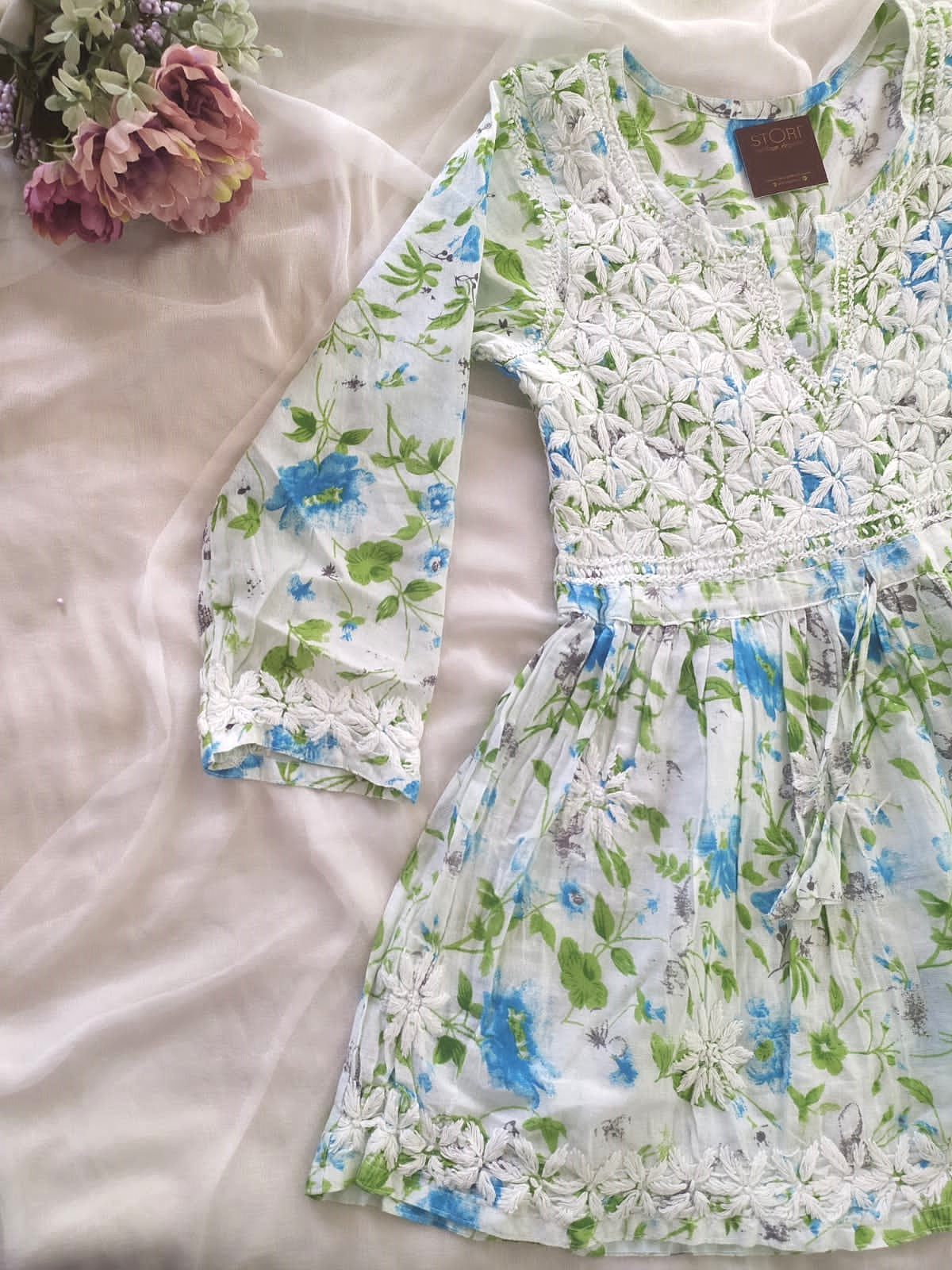 Floral Printed Cotton Mulmul Chikankari Short Kurti with Dori