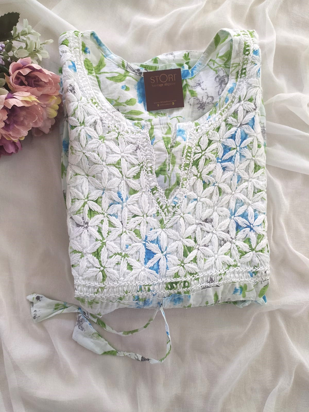 Floral Printed Cotton Mulmul Chikankari Short Kurti with Dori