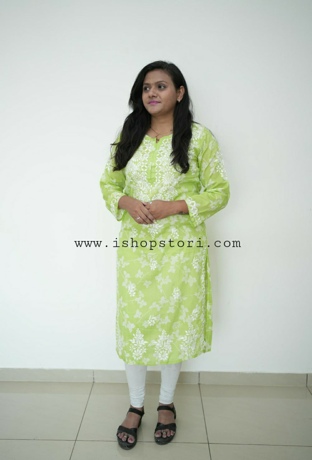 Petals Lime Green Cotton Mulmul Chikankari Kurti