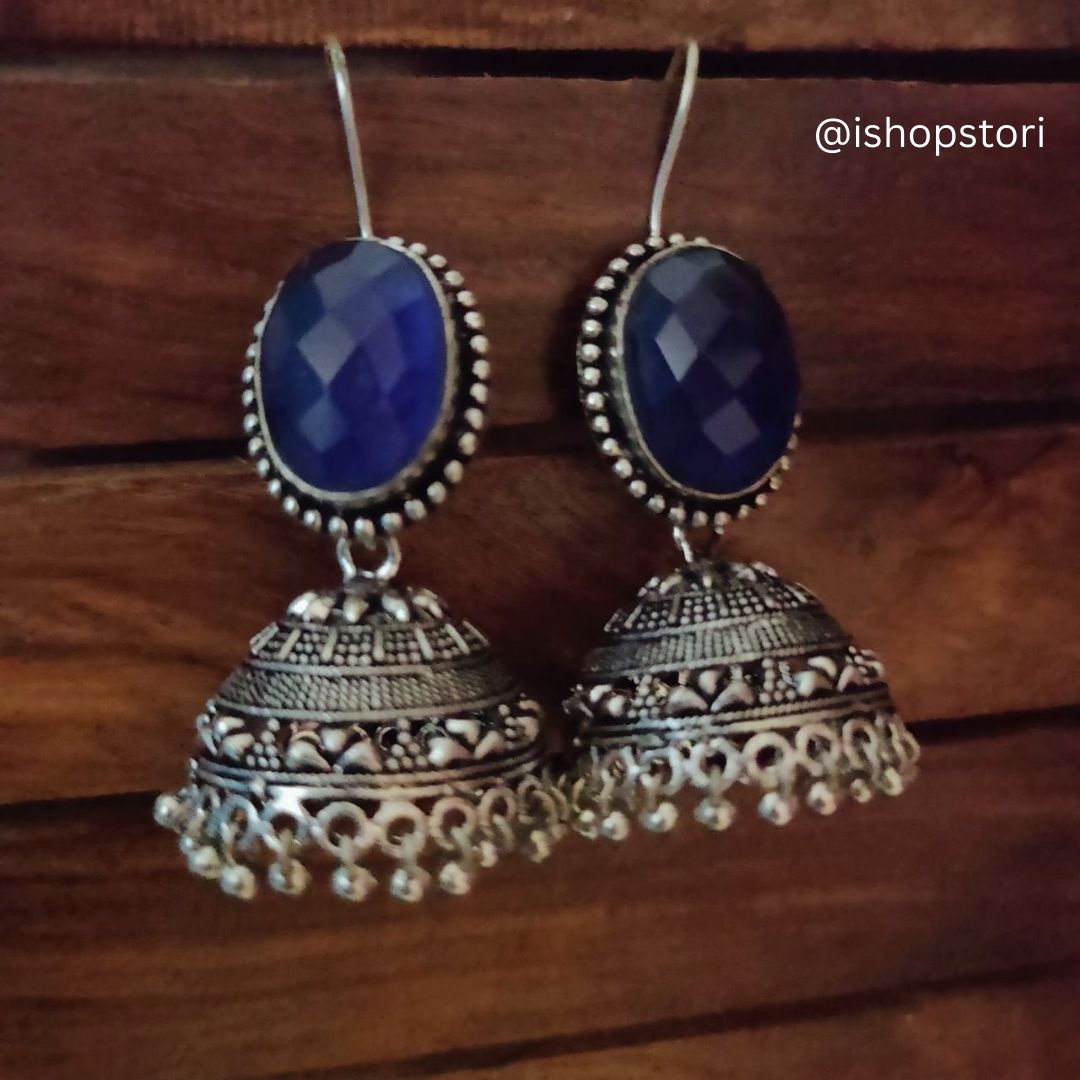 Harteeij Oval Monalisa Stone German Silver Jhumkis