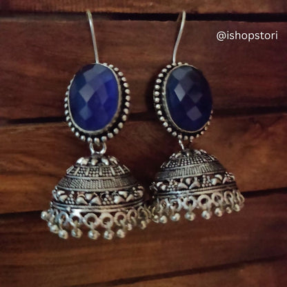 Harteeij Oval Monalisa Stone German Silver Jhumkis