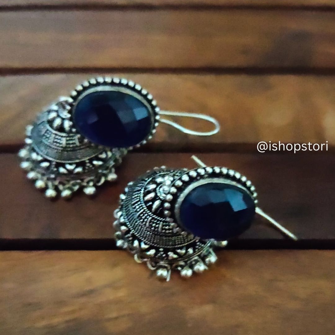 Harteeij Oval Monalisa Stone German Silver Jhumkis