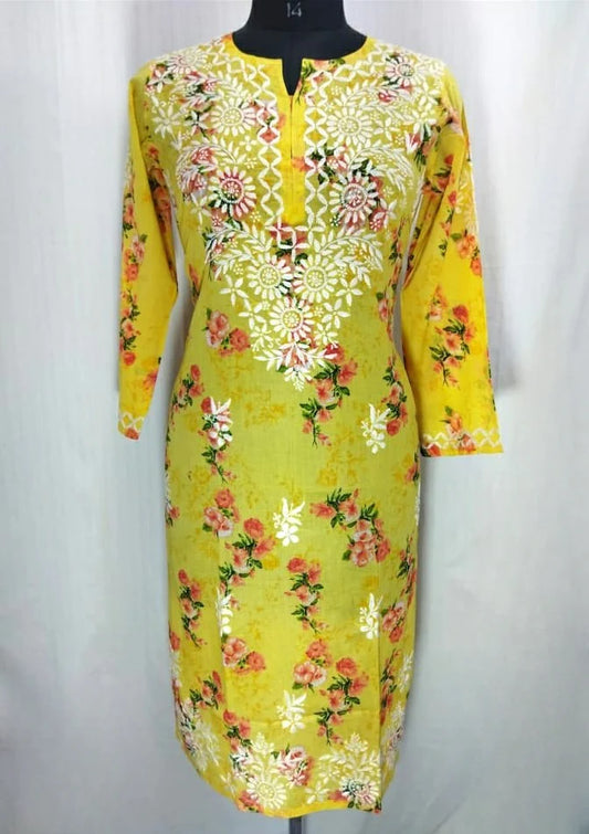 Floral Yellow Cotton Mulmul Chikankari Kurti